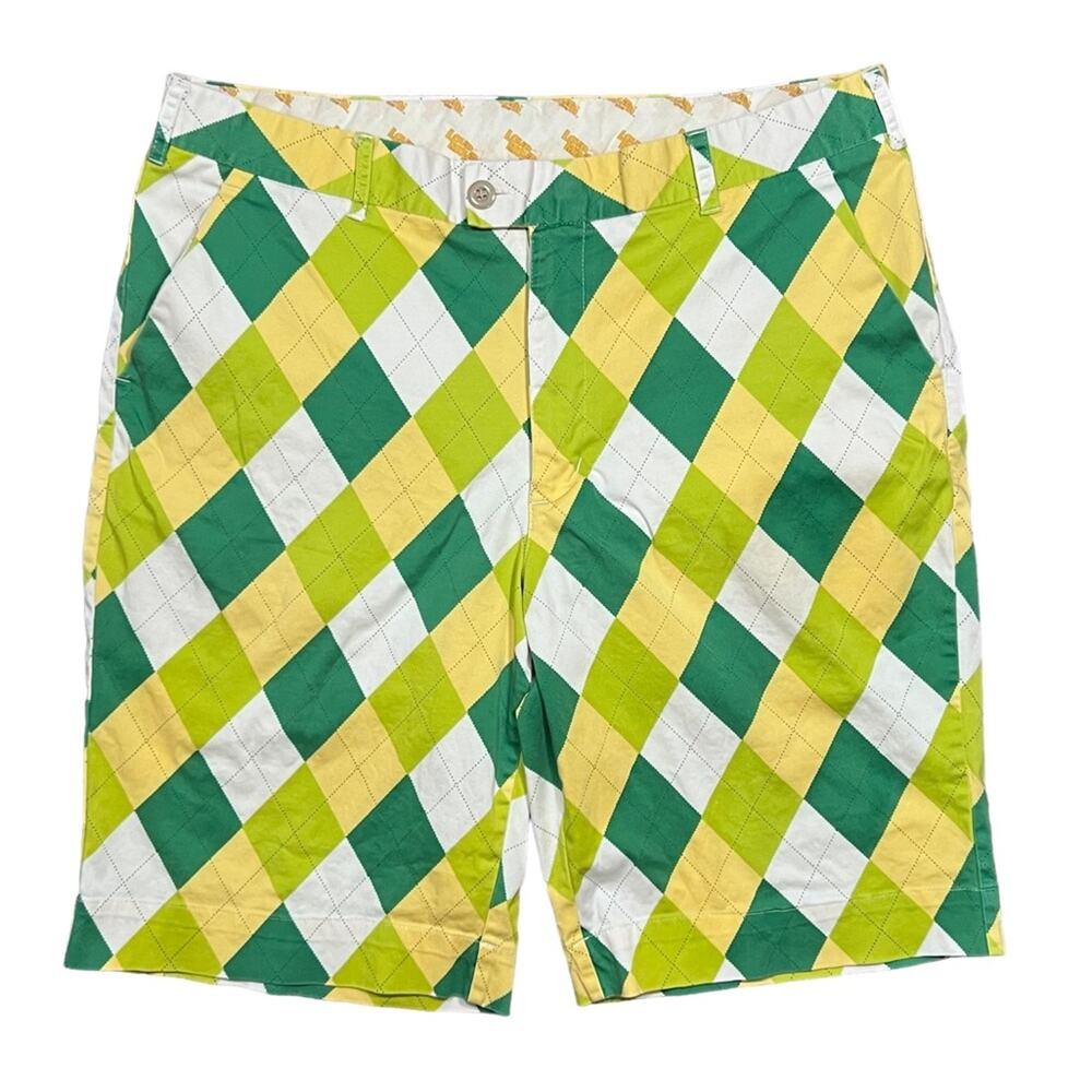 Loudmouth A-Tisket-A-Tasket 11” Inseam Green Yellow White Argyle Golf Shorts 36